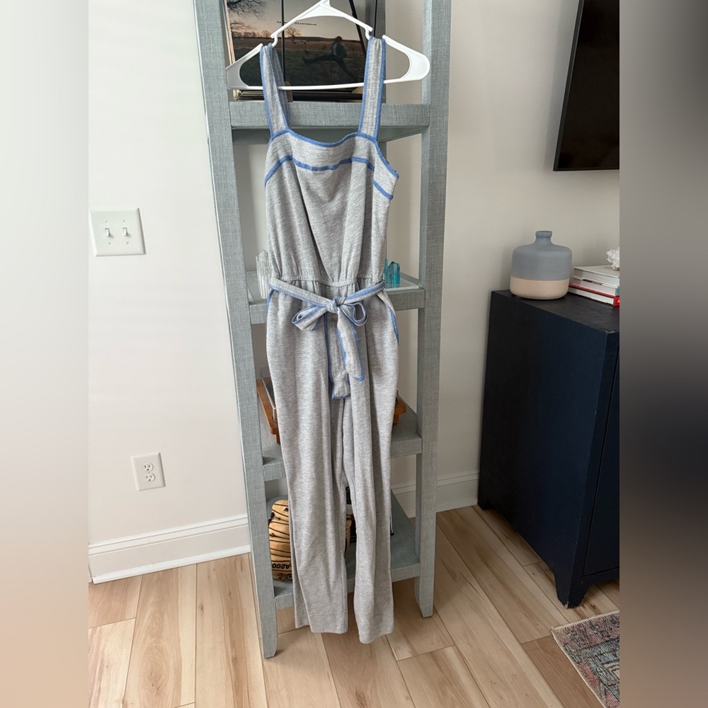 Anthropologie Light Gray Jumpsuit with Blue Trim